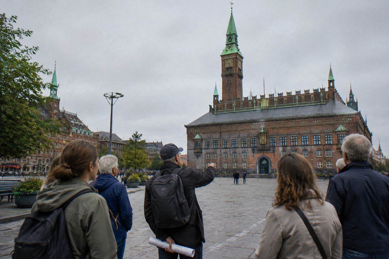 Copenhagen city hall square at the start of a walking tour with the building's facade in view
