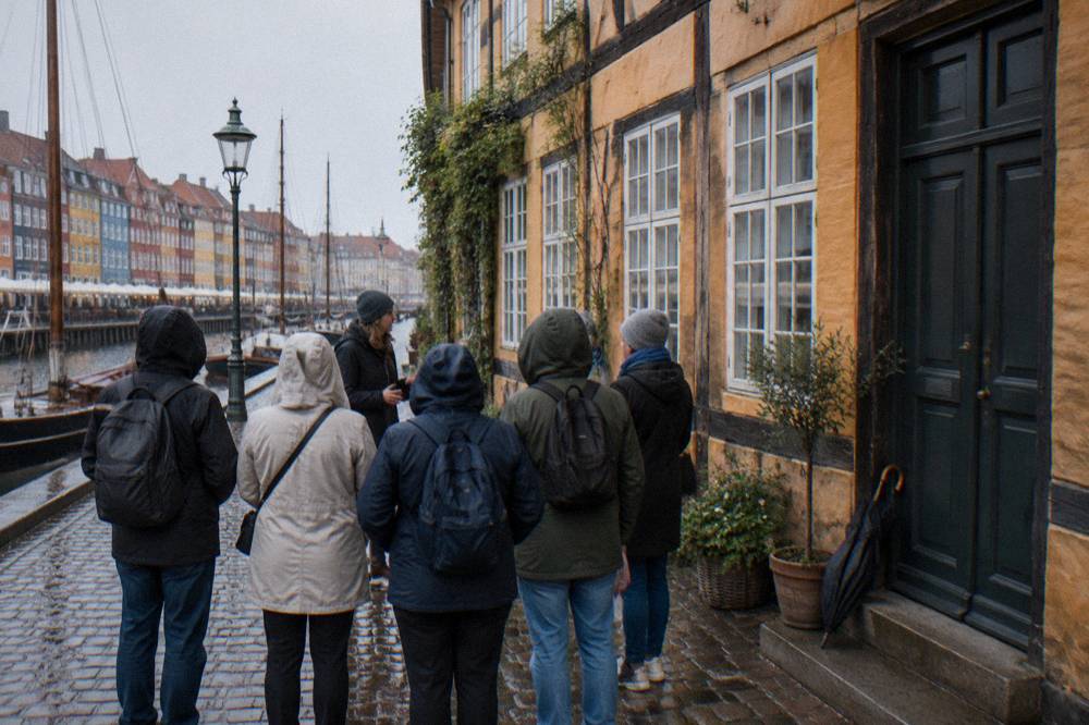 A small tour group listening to a guide outside a colourful Copenhagen townhouse facade