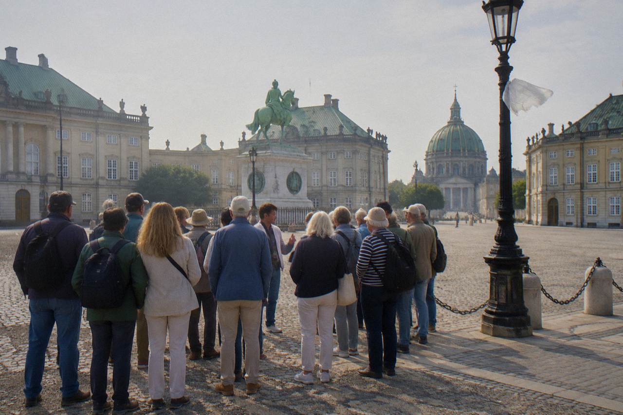 A walking tour group gathered around a guide in a Copenhagen square on a mild afternoon