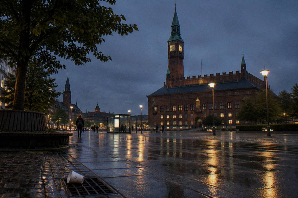Un ciclista cruzando una plaza de Copenhague rodeada de edificios antiguos de ladrillo