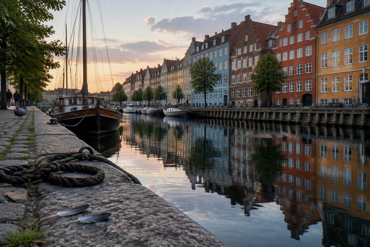 Colourful historic townhouses along a Scandinavian waterfront canal on a bright day