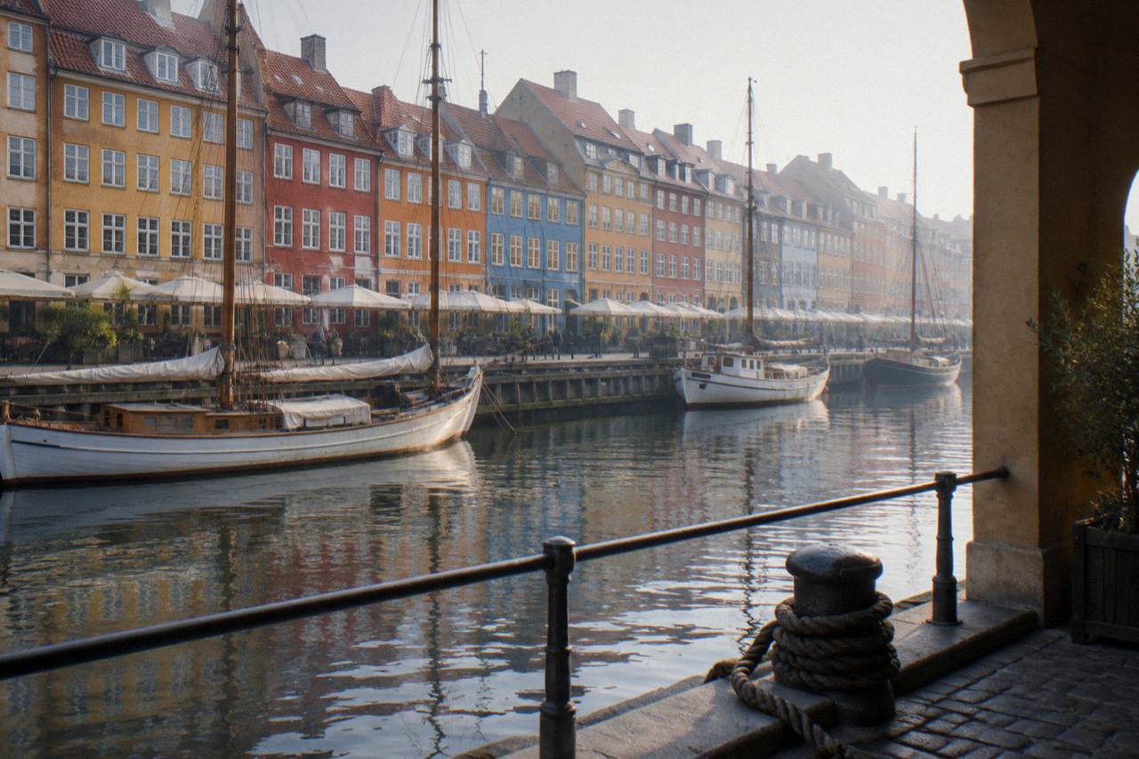 Colourful historic townhouses along a Copenhagen canal with boats moored at the waterfront