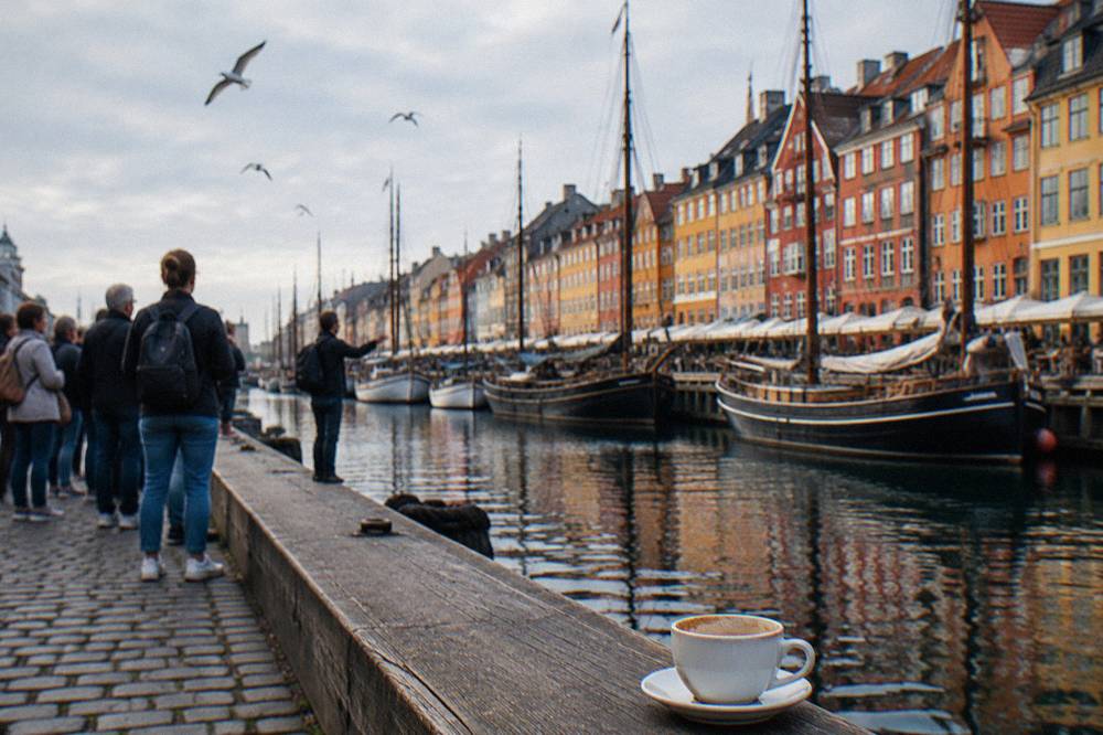 Visitors listening to a guide beside the colourful facades and masts of the Nyhavn canal