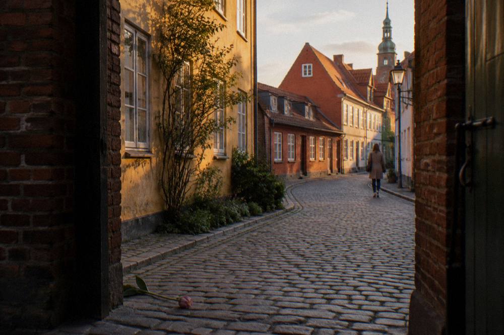 Calle empedrada estrecha en el centro de Copenhague con antiguas casas de comerciantes
