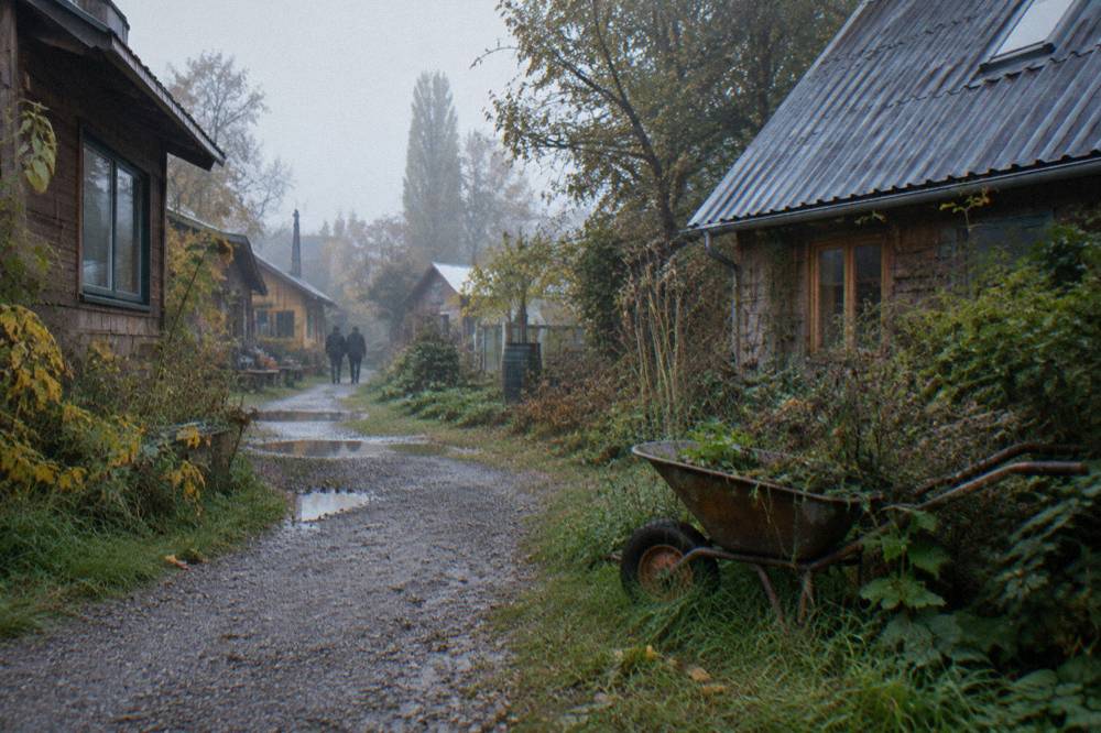 A gravel lane between timber houses and overgrown gardens