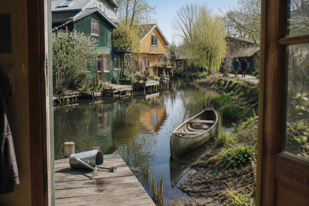 Colorful painted wooden houses along a canal in a Copenhagen district