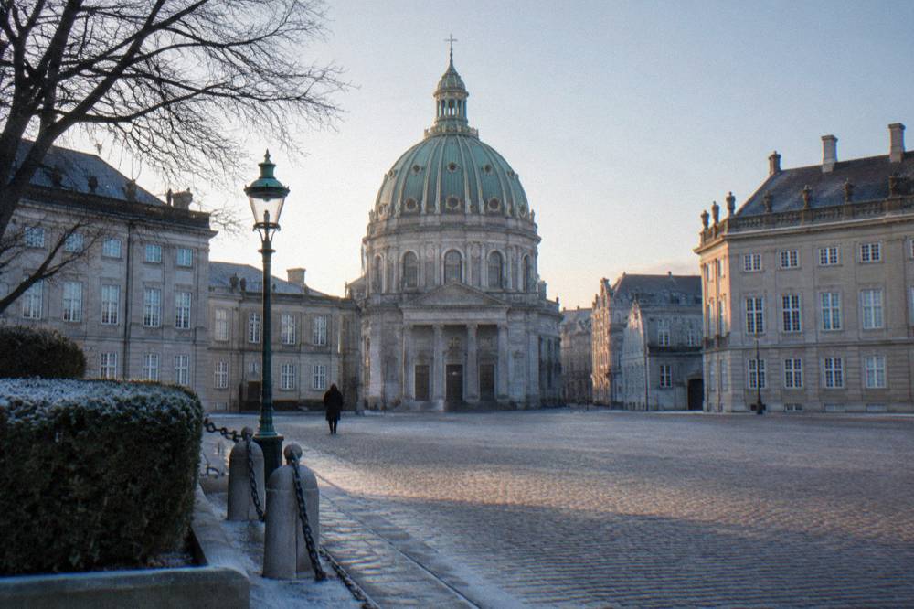 The marble dome of Frederik's Church seen from a Copenhagen plaza