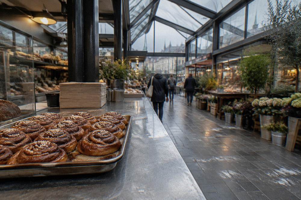 A tray of Danish cinnamon buns on a bakery counter in Copenhagen
