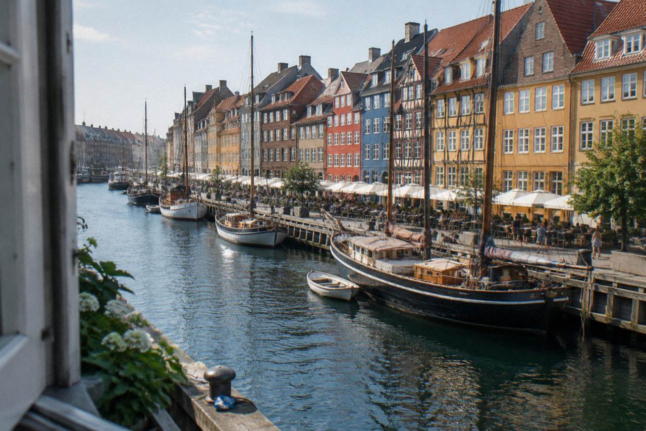 Colourful gabled townhouses along the Nyhavn canal in Copenhagen with moored boats