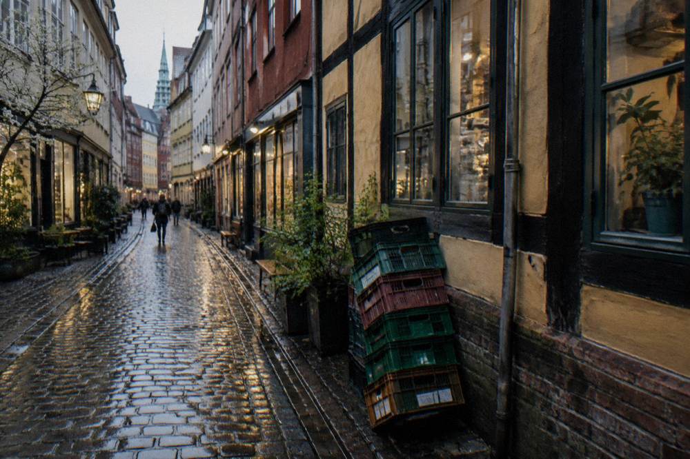 Bicycles parked along a cobblestone street beside colourful Copenhagen facades