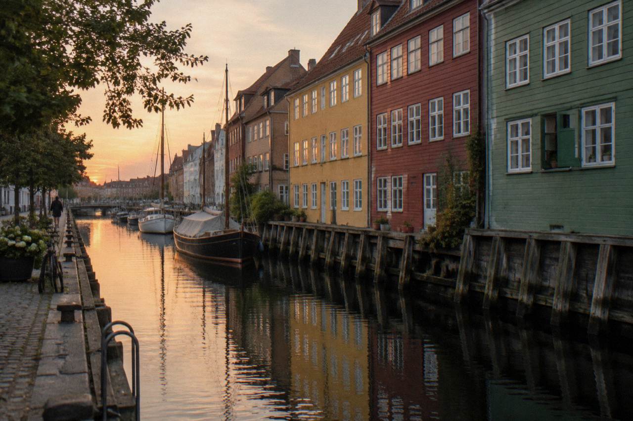 Colourful painted house facades along a quiet canal in Christianshavn, Copenhagen