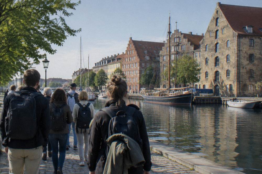 Un grupo de turistas de pie en una calle junto a un canal en Christianshavn