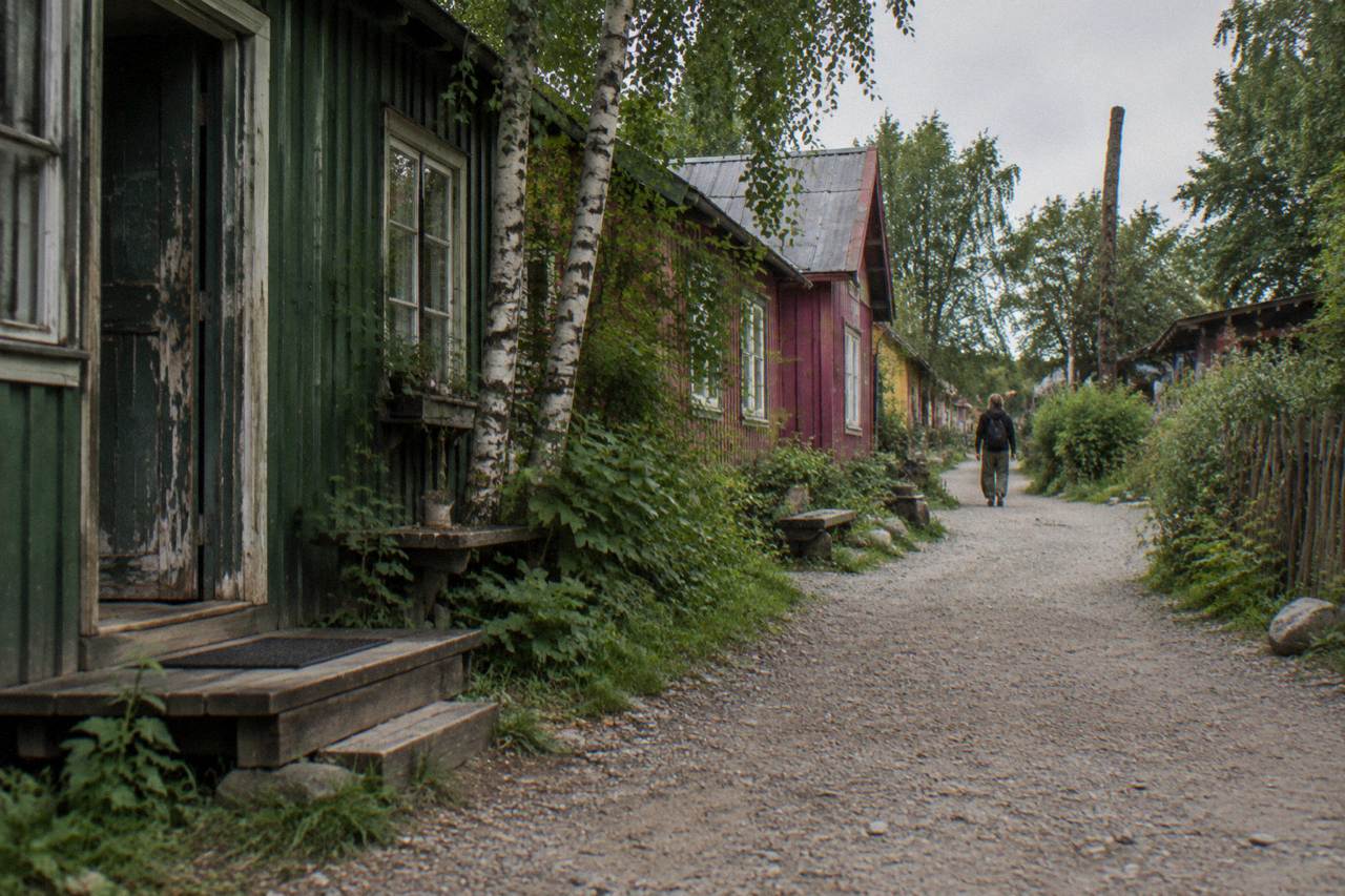 Colourful painted houses along a quiet gravel path in Freetown Christiania