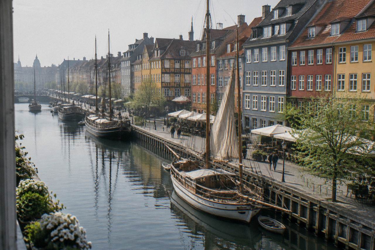 Colourful gabled townhouses along a calm canal lined with wooden sailing ships