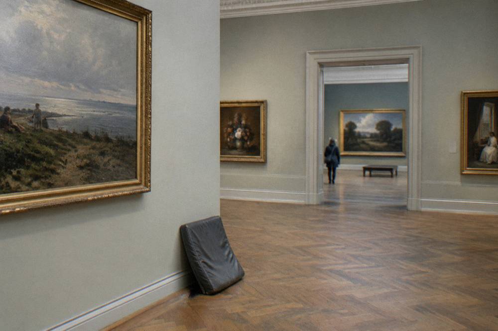 Museum gallery interior with paintings on pale walls and wooden floors
