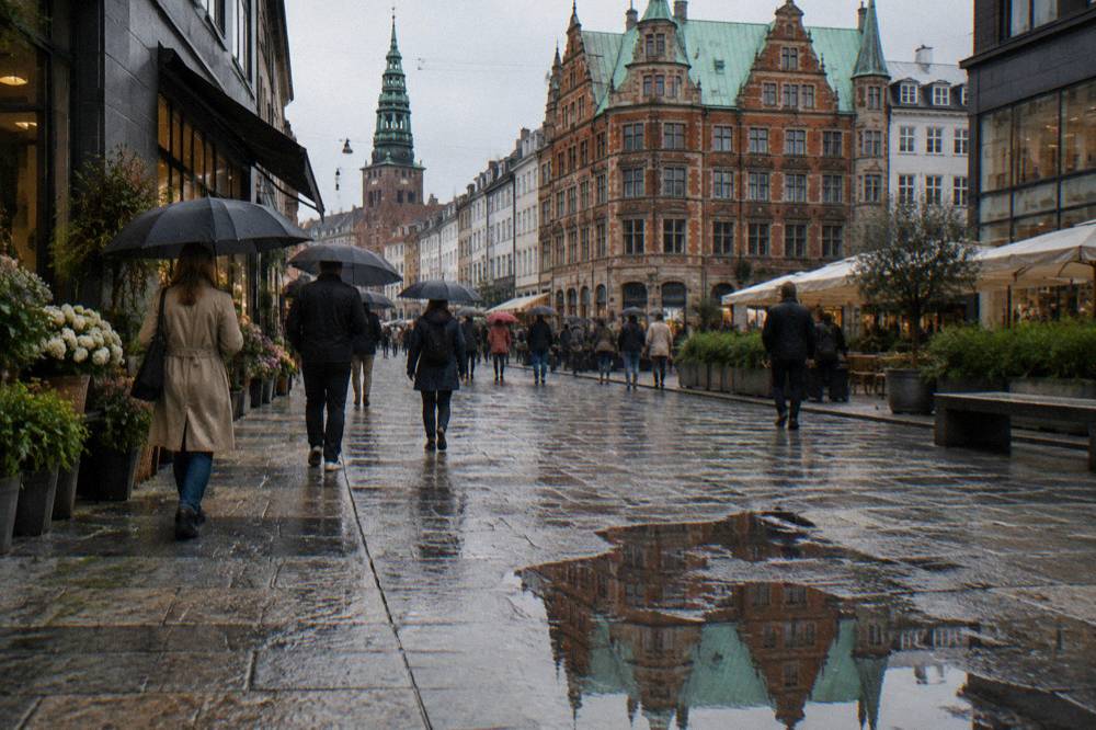 Una calle peatonal comercial en el centro de Copenhague con gente paseando entre edificios históricos