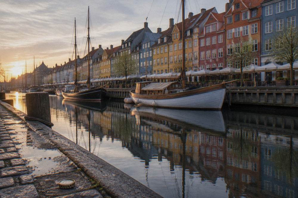 Una calle junto a un canal en Copenhague con casas históricas de colores reflejadas en el agua
