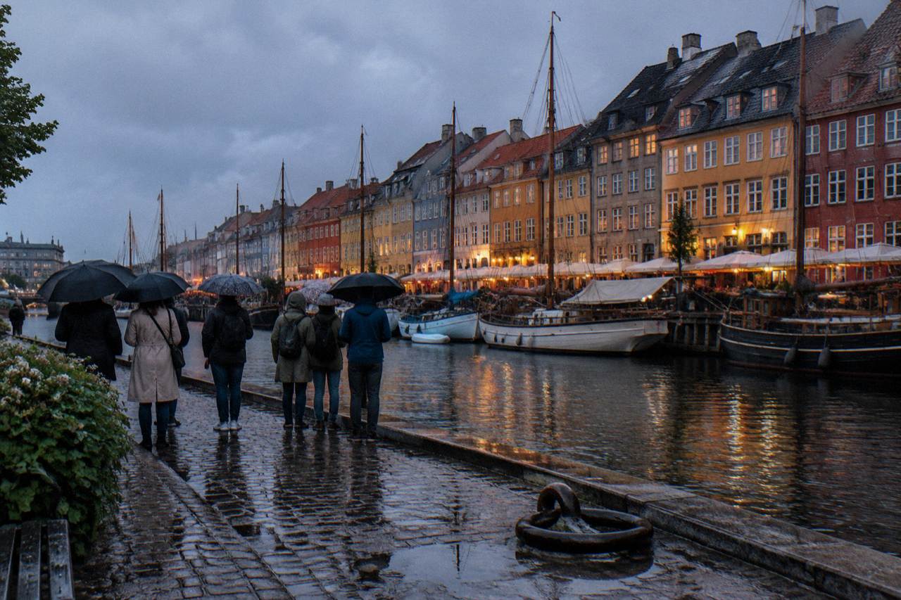 A walking tour group gathered on a cobblestoned Copenhagen square beside colourful old town houses