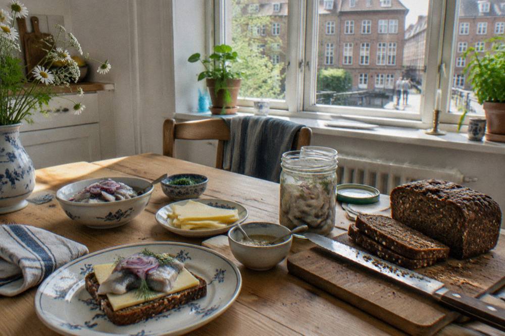 A wooden table set with rye bread slices, cheese, pickled herring and small dishes of toppings in a bright Copenhagen kitchen