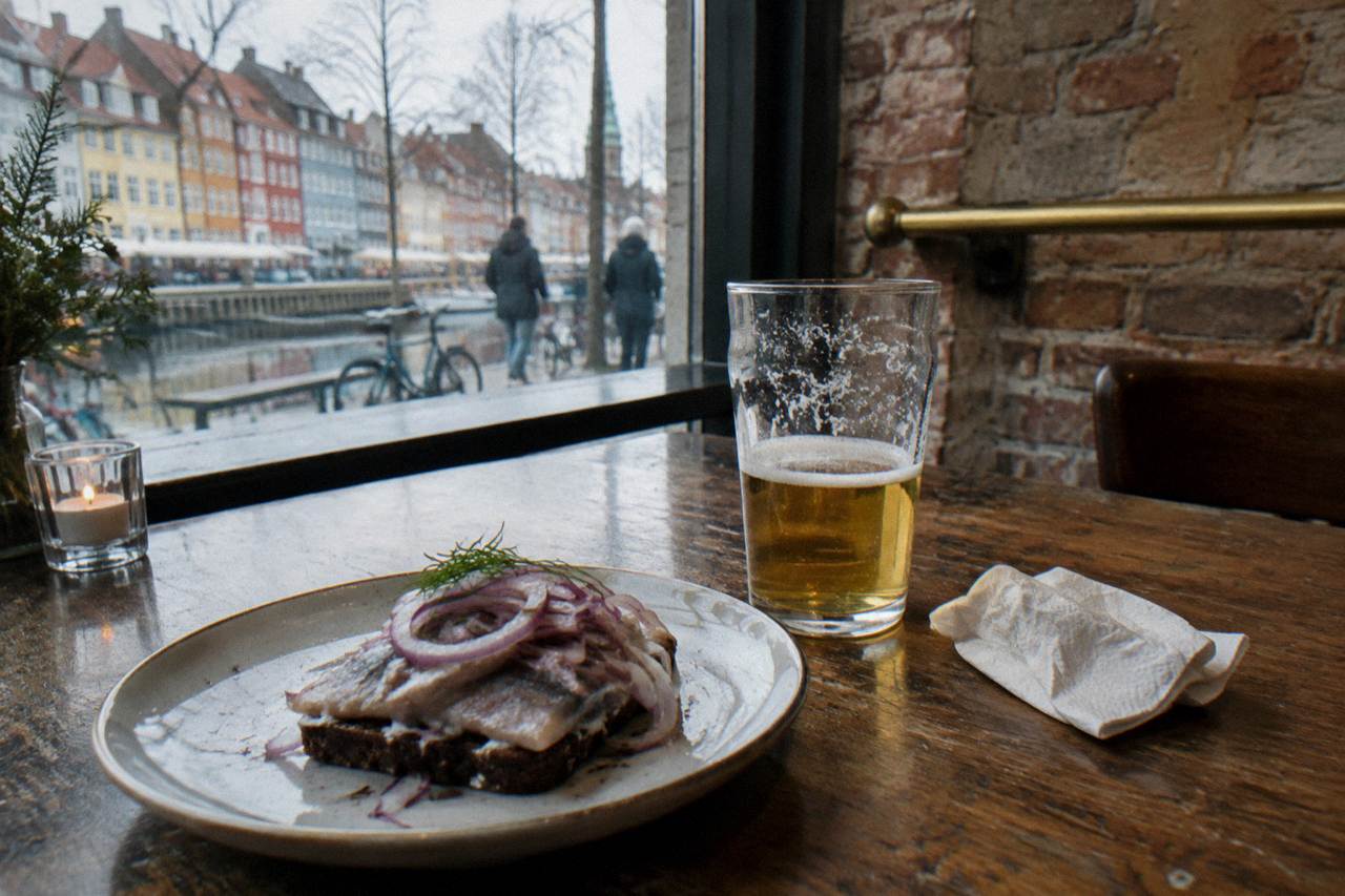 An open-faced sandwich on dark rye bread resting on a wooden table beside a glass of beer in a Copenhagen cafe