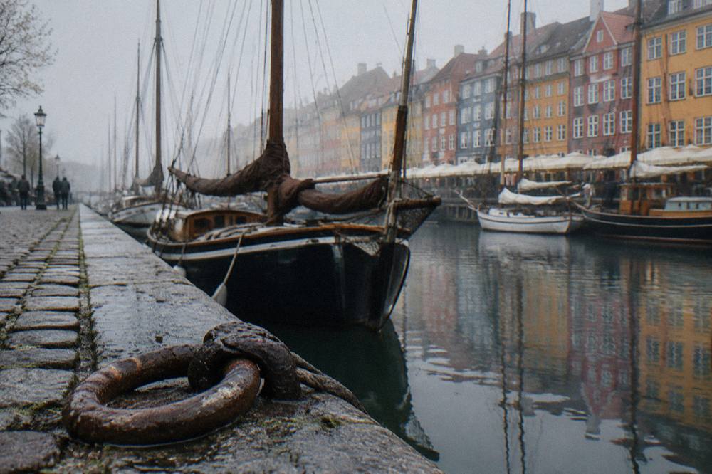 Wooden boats moored along a colourful canal in Copenhagen