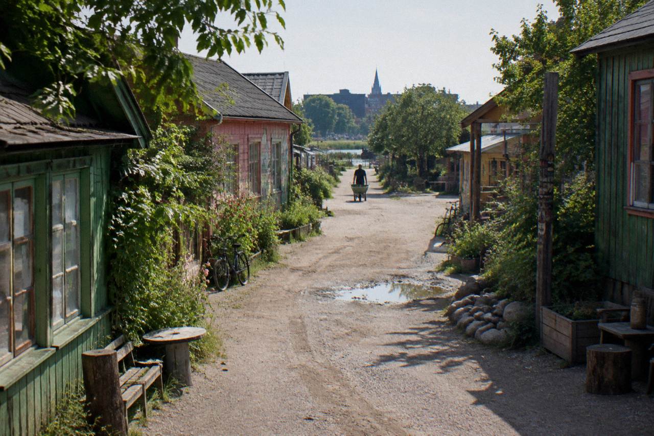 Colourful painted facades along a worn gravel street in Freetown Christiania