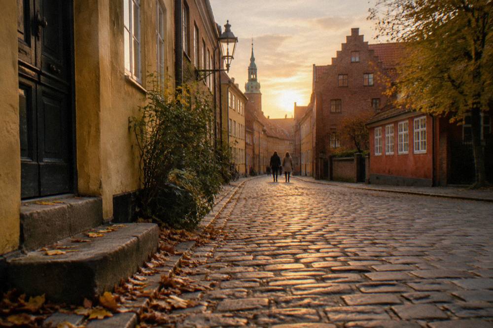 Cobblestone street in the medieval centre of Copenhagen lined with old painted buildings