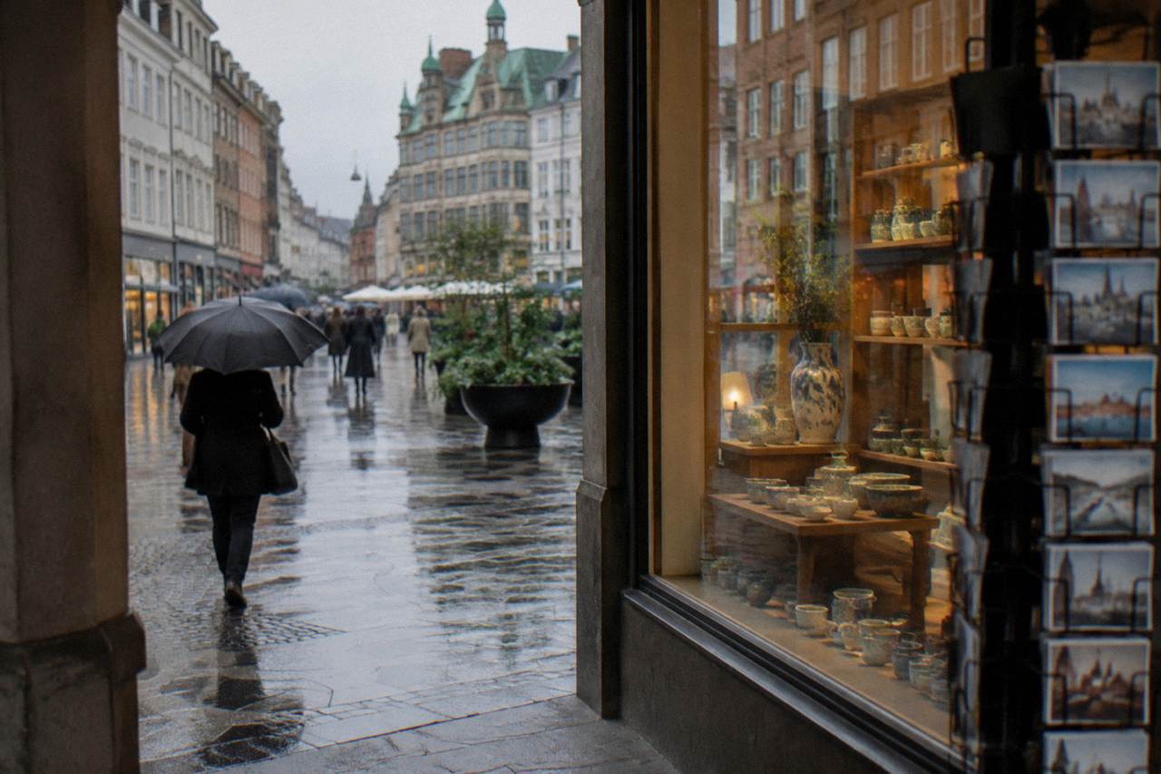 Souvenir shop window display with Danish ceramics and postcards on a Copenhagen street