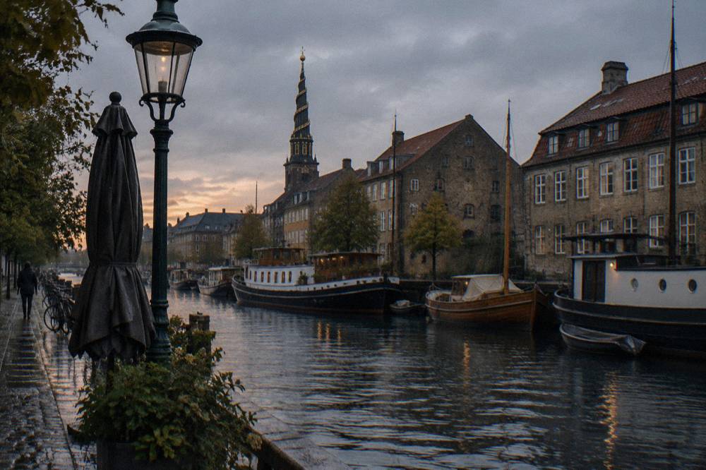 A rain-wet Copenhagen canal street with reflections on the paving stones and moored boats along the water
