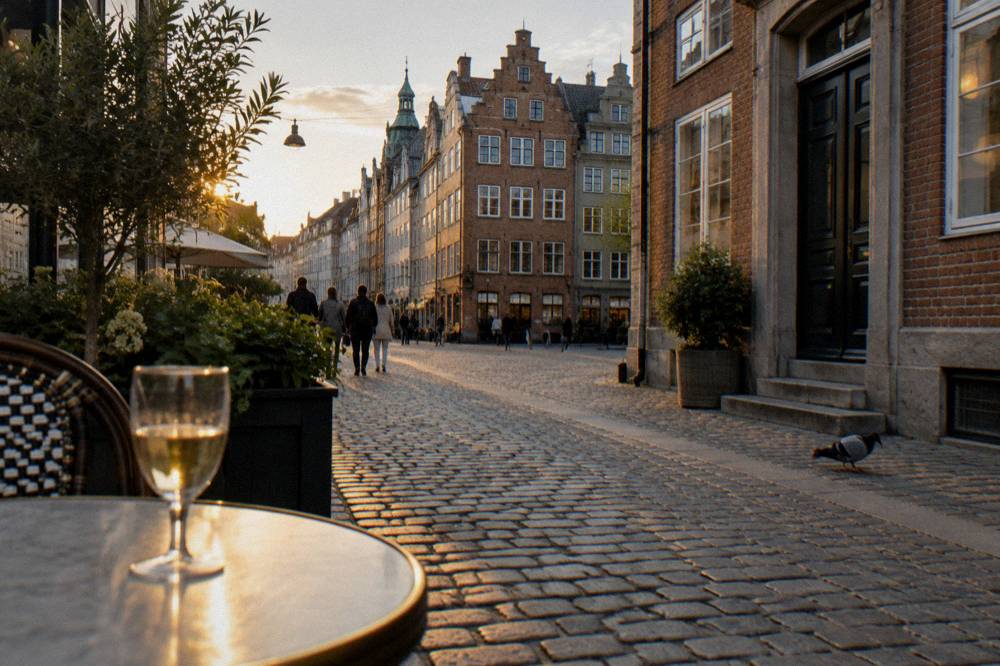 Cobblestone pedestrian street with historic buildings in central Copenhagen