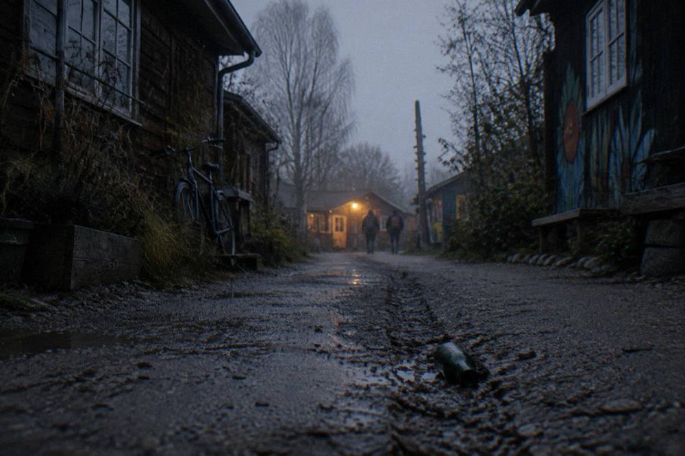Narrow lane with weathered timber buildings and no visible people