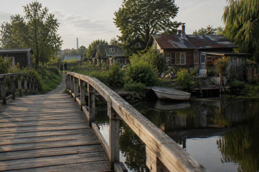 Wooden footbridge over calm water beside small houses with gardens
