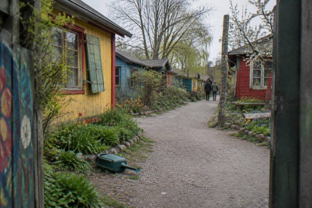 A quiet lane in Freetown Christiania with small colourful timber houses and gardens