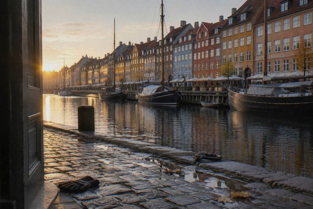 The Nyhavn canal in central Copenhagen with tall coloured townhouses along the quay