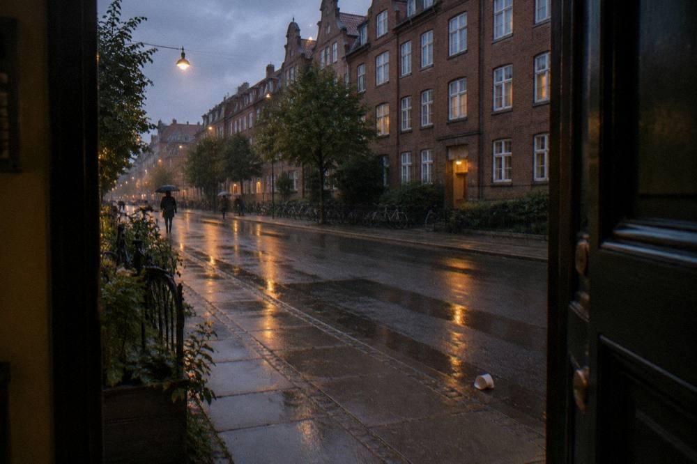 A wide street in Vesterbro with old brick buildings and bicycles parked along the pavement
