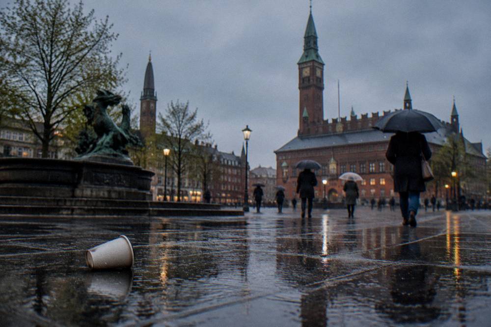 Cyclists crossing a cobblestone square between old civic buildings in central Copenhagen