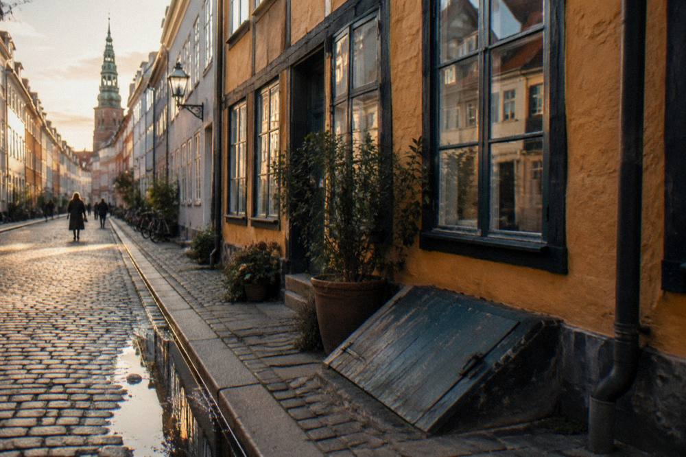 Row of narrow old townhouses with bicycles parked against a bright facade