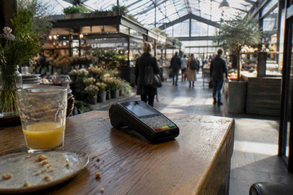 Card payment terminal on a cafe counter