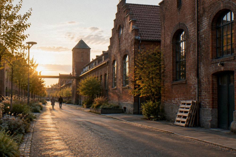 Old industrial brick buildings along a city street at golden hour