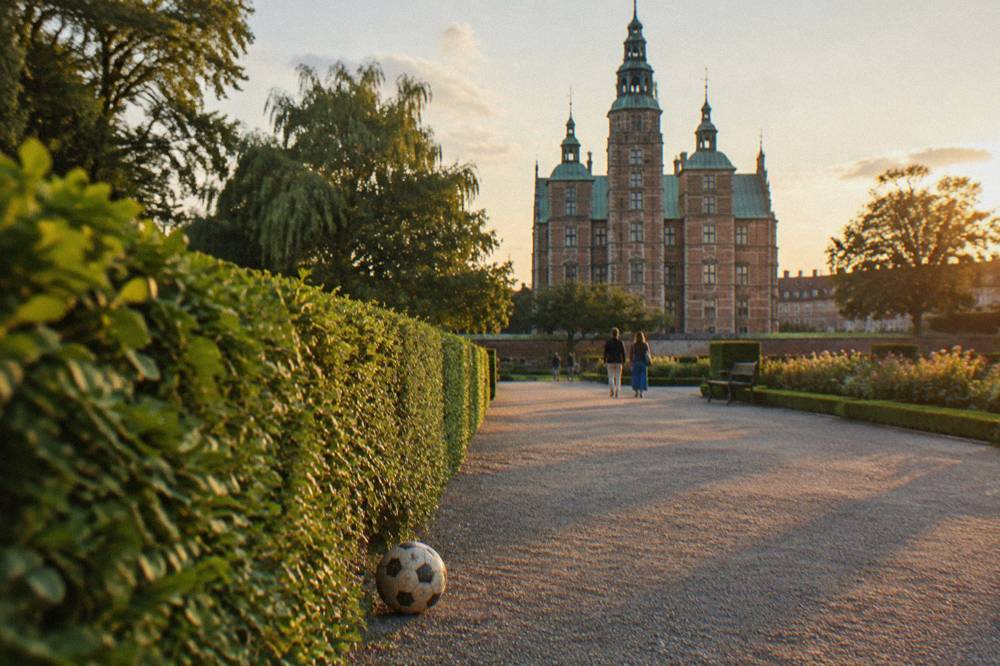 Formal garden avenue with clipped hedges and flower beds leading toward a historic castle facade