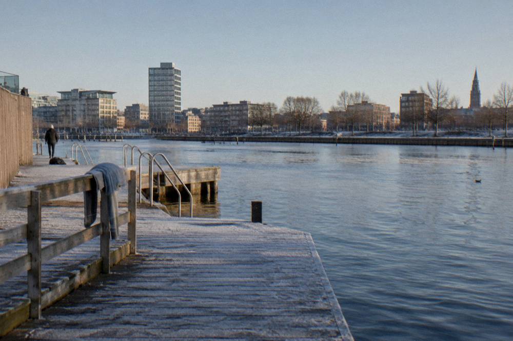 Wooden bathing platform extending into calm city harbour water with trees along the far bank