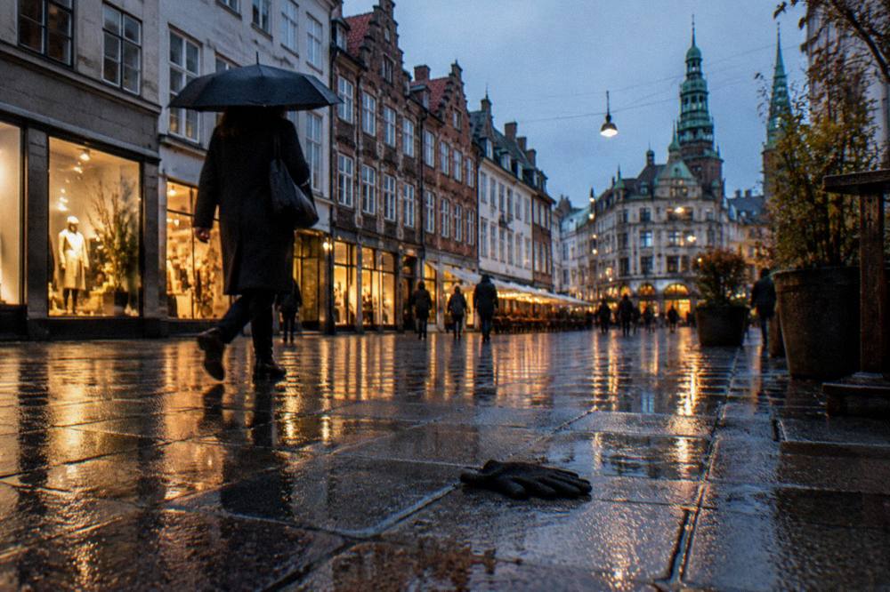 A rainy Copenhagen street with wet cobblestones reflecting shop fronts