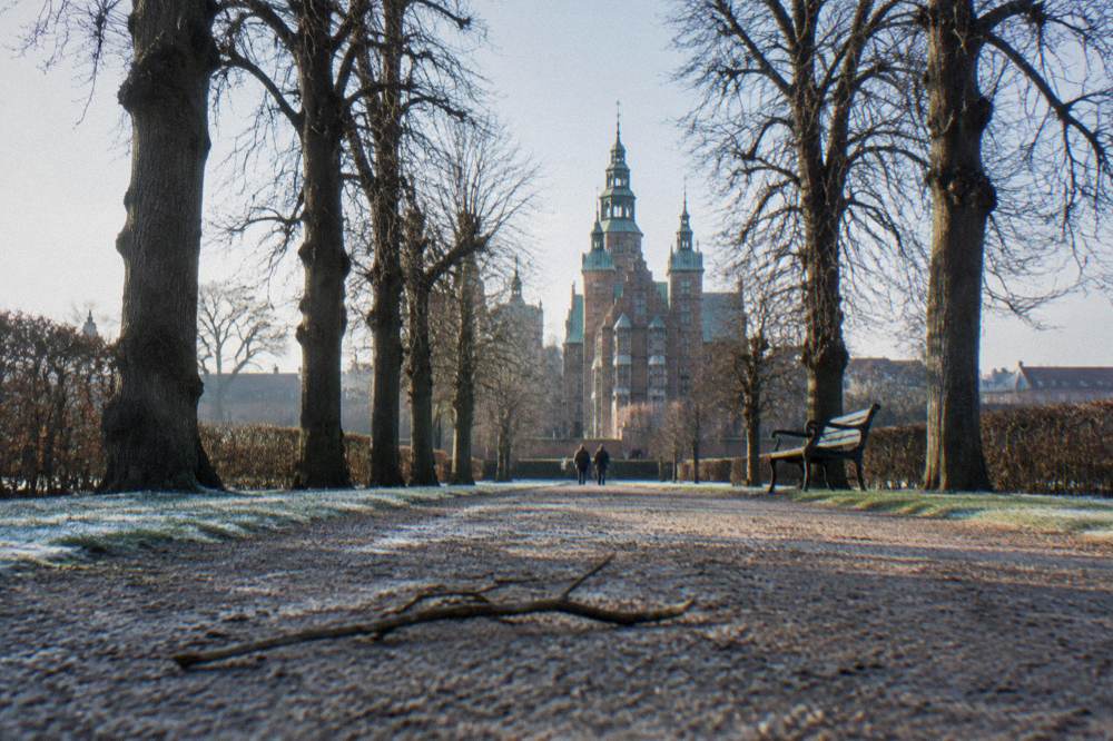 Tree-lined garden avenue with a historic castle at the end of the path