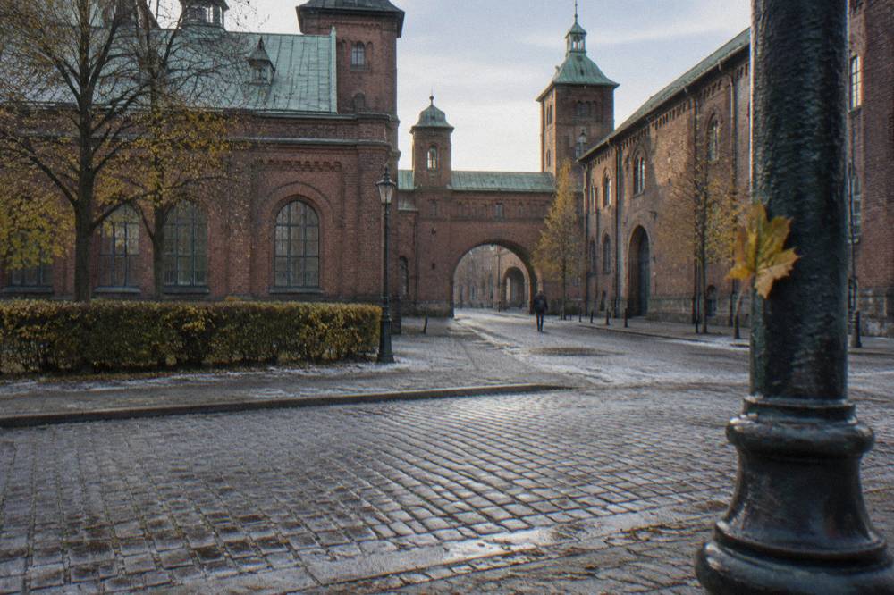 Old brick brewery buildings in the Carlsberg district on a quiet street