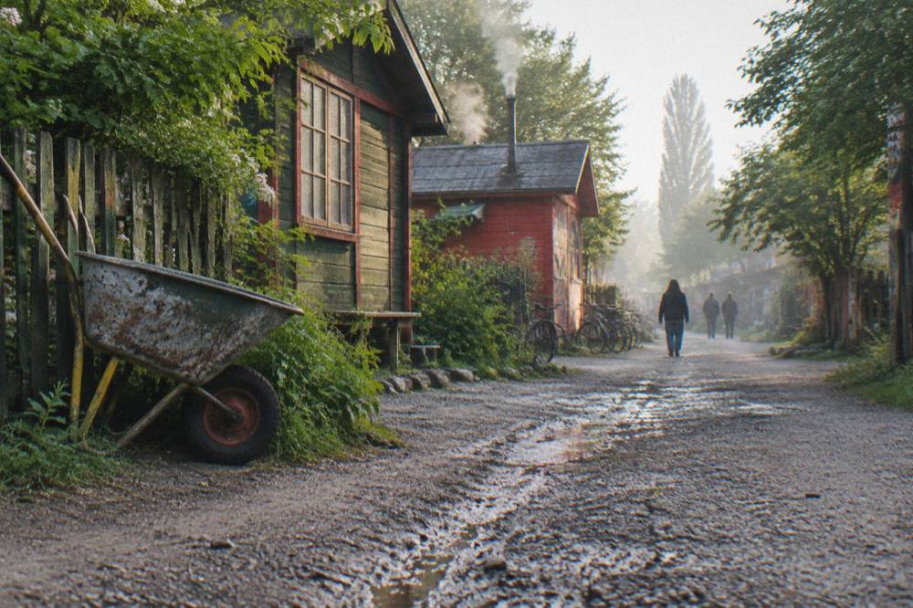 Painted timber houses and a gravel lane at the entrance to Freetown Christiania