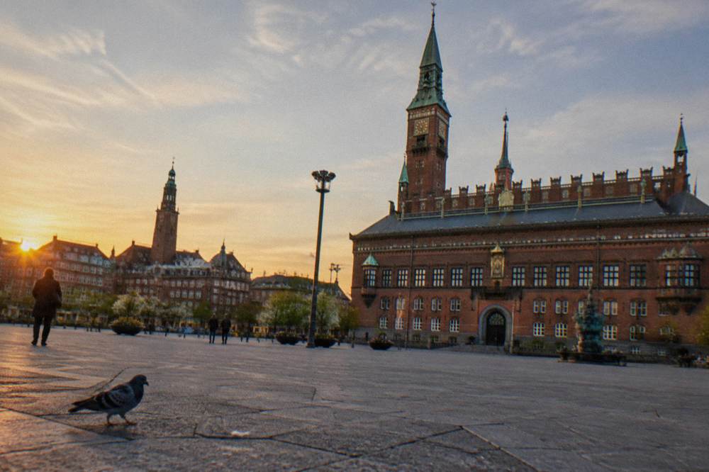 Copenhagen City Hall facade on Rådhuspladsen under a clear sky