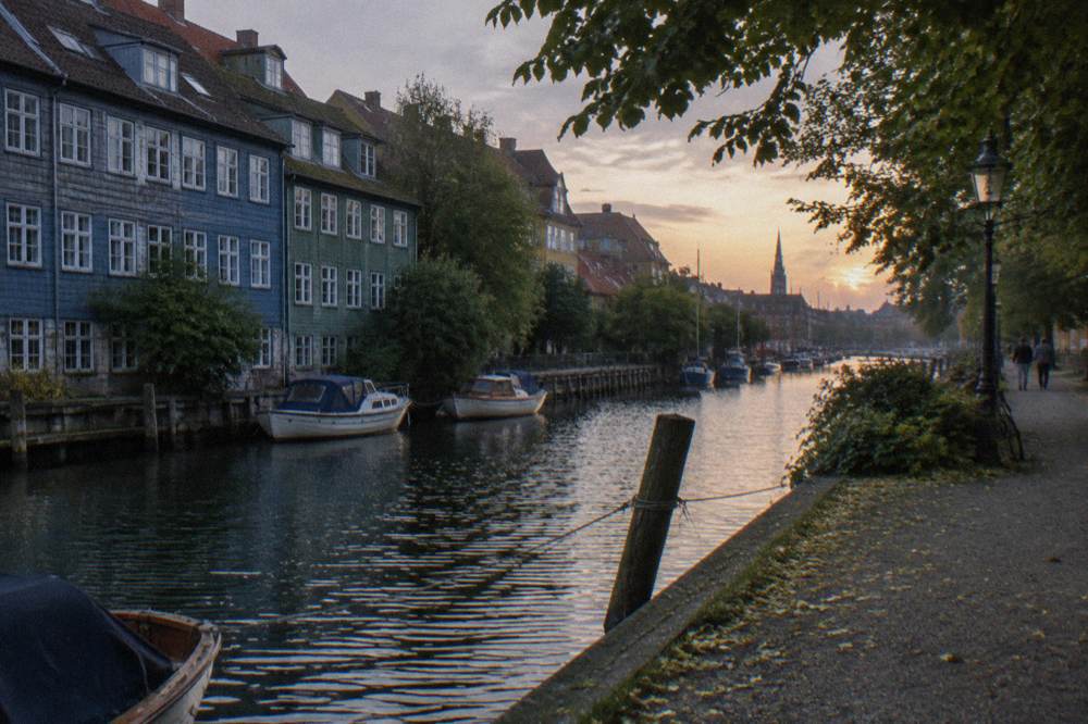 Colourful wooden houses along a canal in Christianshavn with small boats moored at the bank