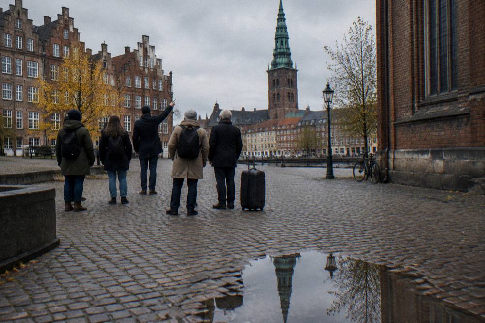 A guide speaking to a small group of visitors gathered in a Copenhagen square