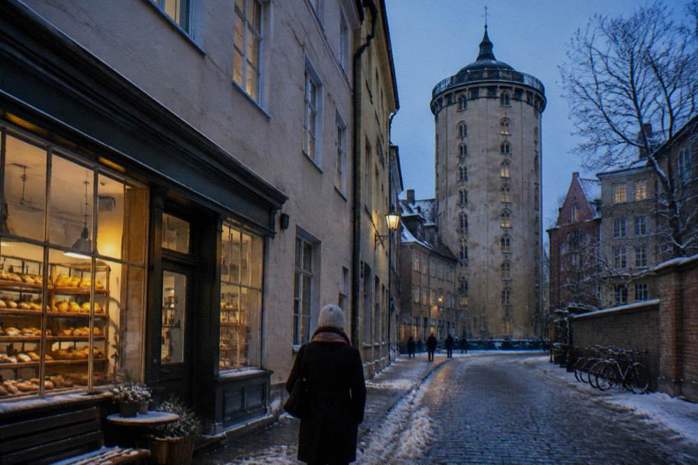 The historic Round Tower observatory building on a Copenhagen street with cyclists passing by
