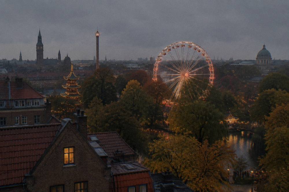Ferris wheel and lit rides above the treeline of an amusement park at dusk